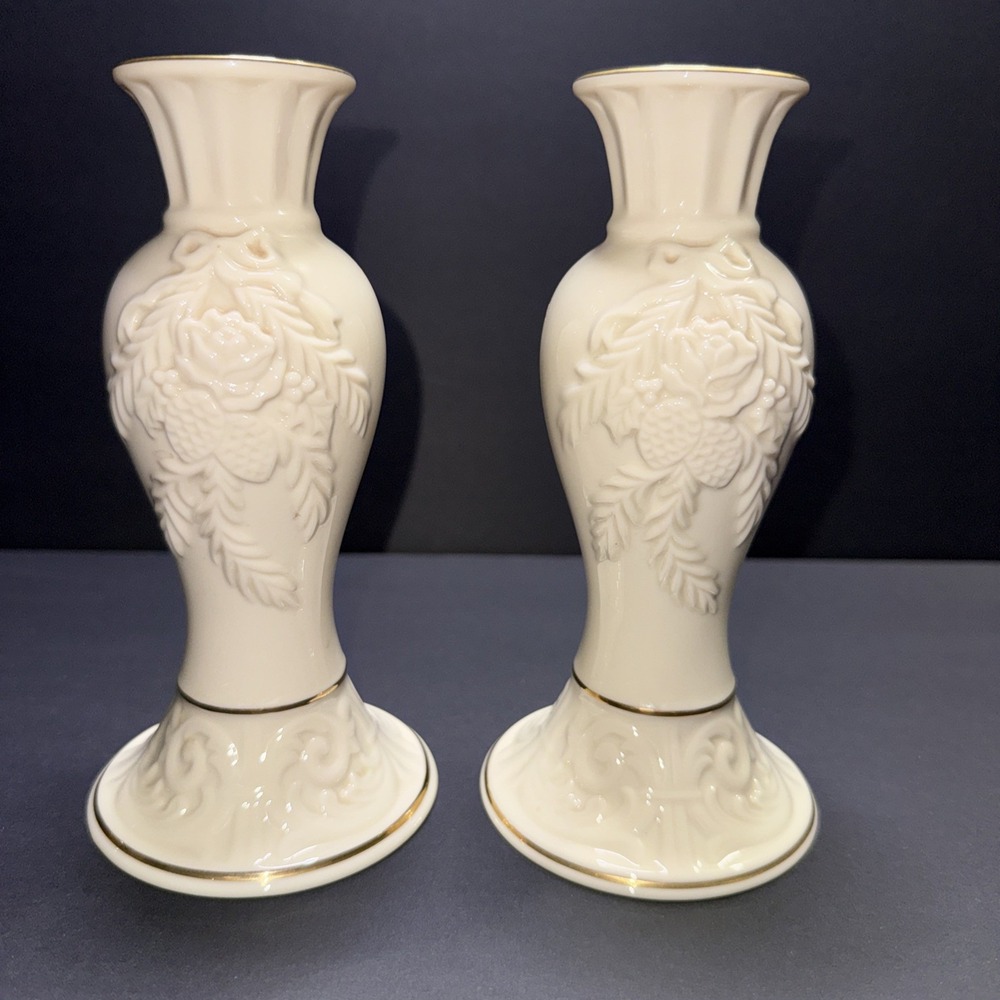 Lenox Eternal Candlesticks Pair Ivory Porcelain Gold Trim Floral USA Vintage Set